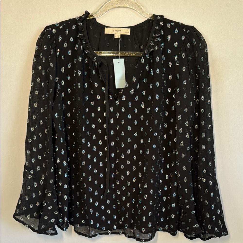 LOFT Black Puff Sleeve Ruffled Blouse